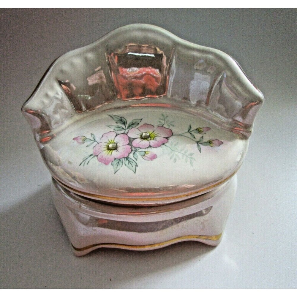 VTG Sofa Shaped Trinket Jewelry Box Capodimonte Pink Floral Gold Hinged Italy